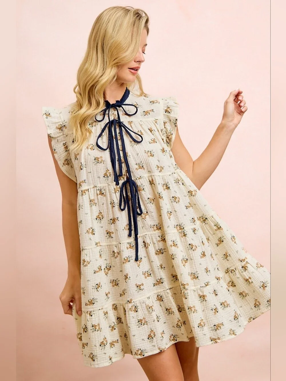 BiBi Floral Multi-tierd Dress With Ruffles And Front Tie- Cream Navy - Picture 6 of 13
